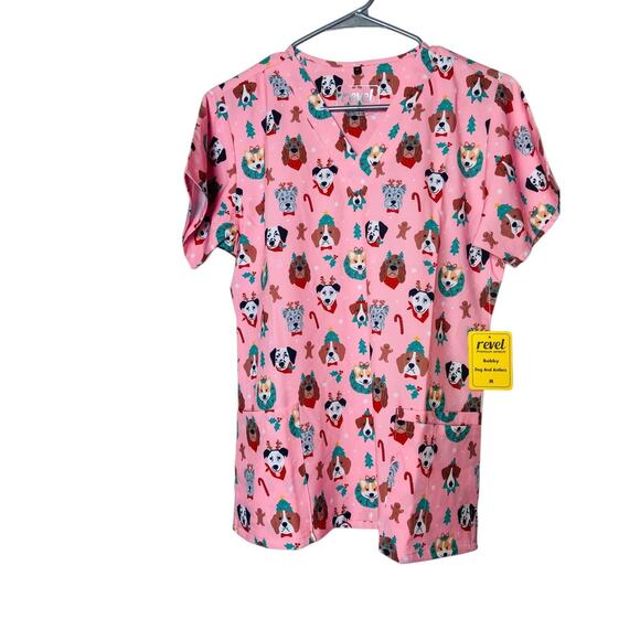 LOT OF 5 Womens Printed Scrub Top Short Sleeve Medium Holiday Workwear Medical - Picture 5 of 13